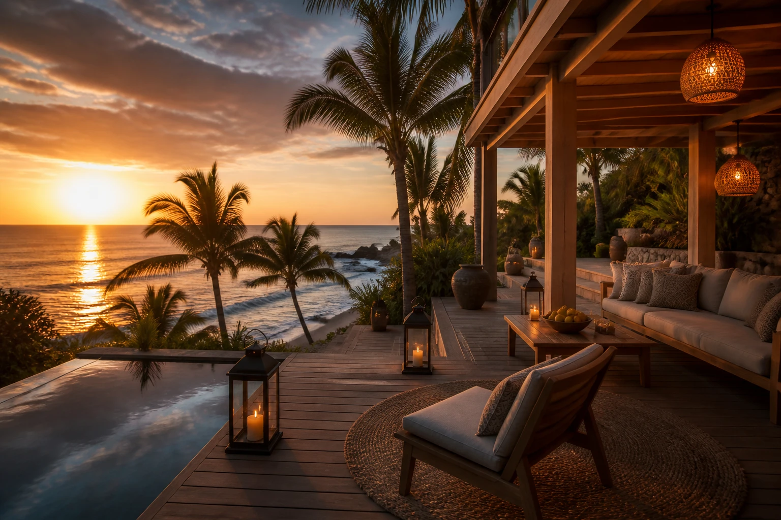 Villa terrace at sunset in Lombok