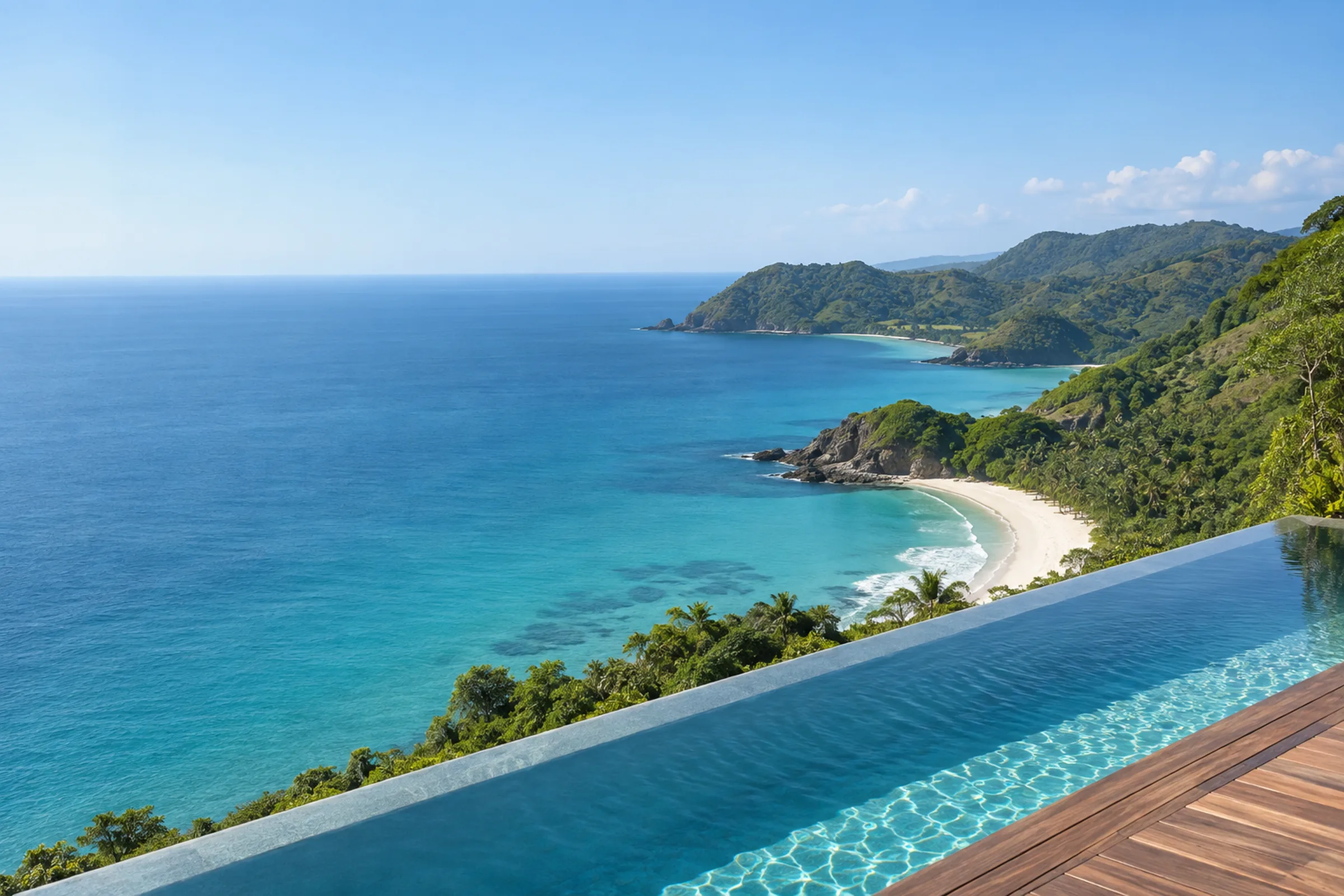 Infinity pool on a hillside villa terrace overlooking a turquoise bay in South Lombok (AI-generated illustration)